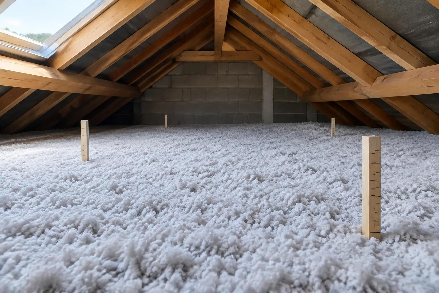 Combles avec ouate de cellulose soufflée uniforme et jalons en bois sous velux