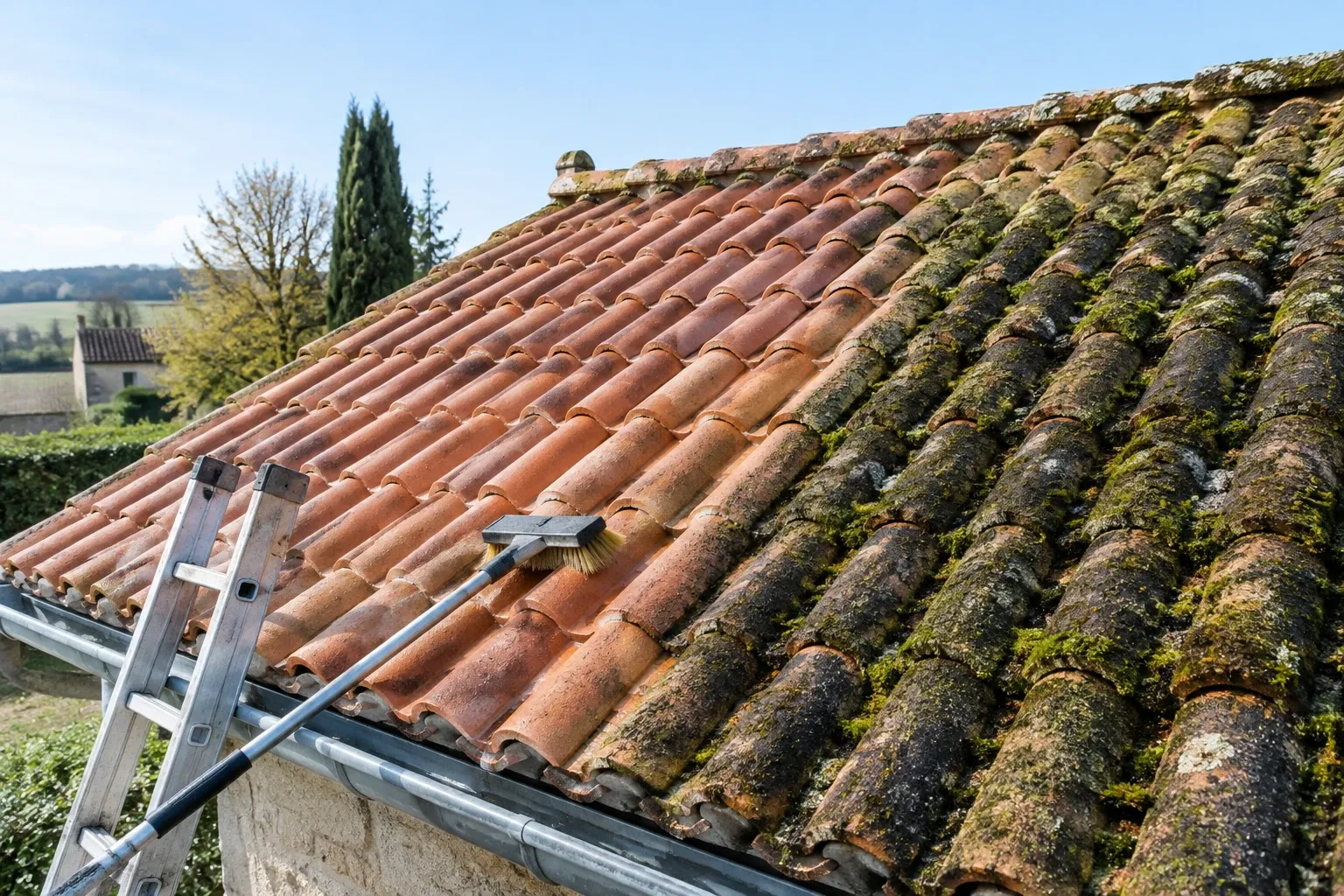 Toit en tuiles à demi dégagé, mousse dense côté droit, brosse et échelle posées sur l'égouttière