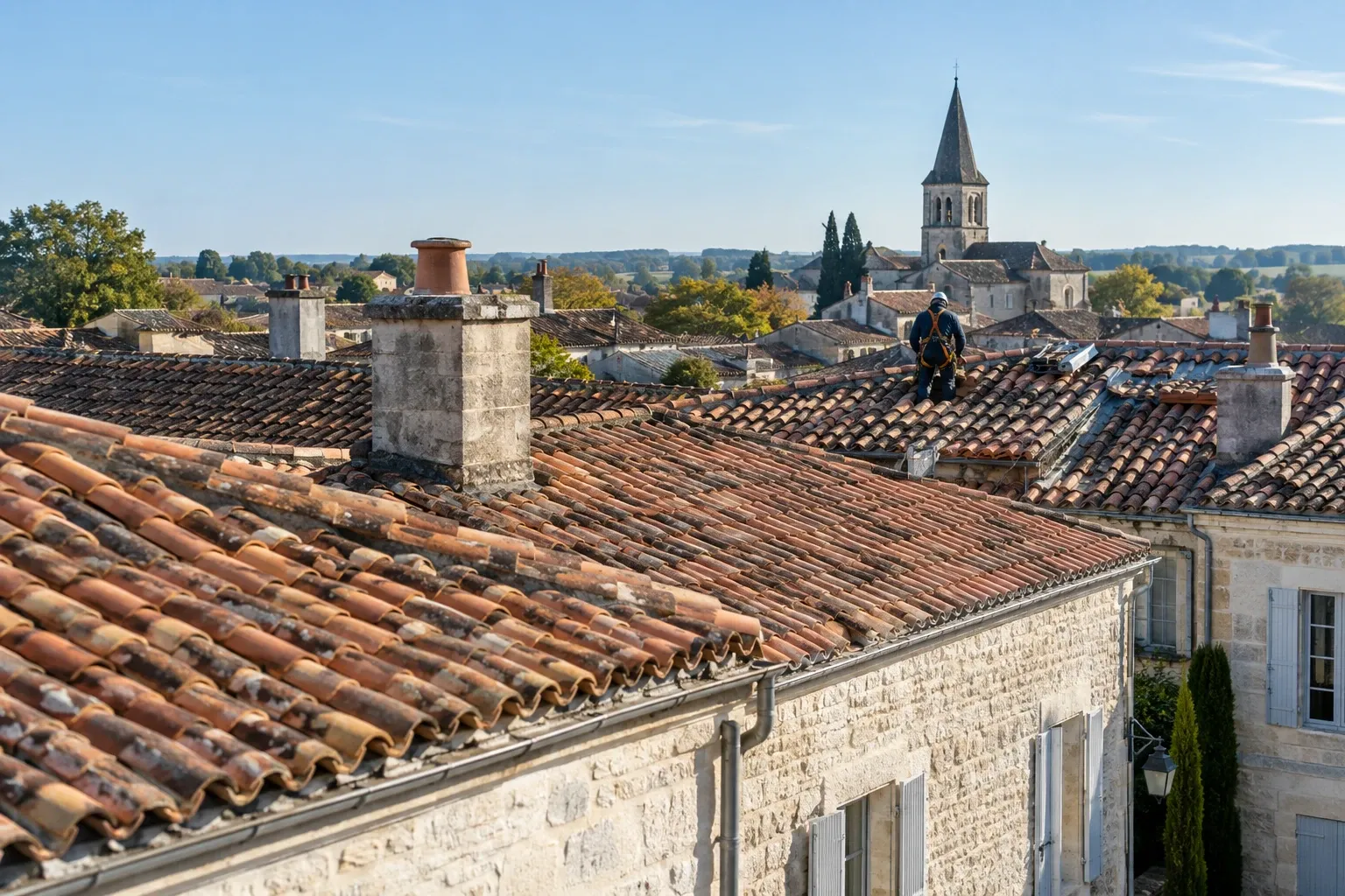 Toits de tuiles canal d’une ville de Charente