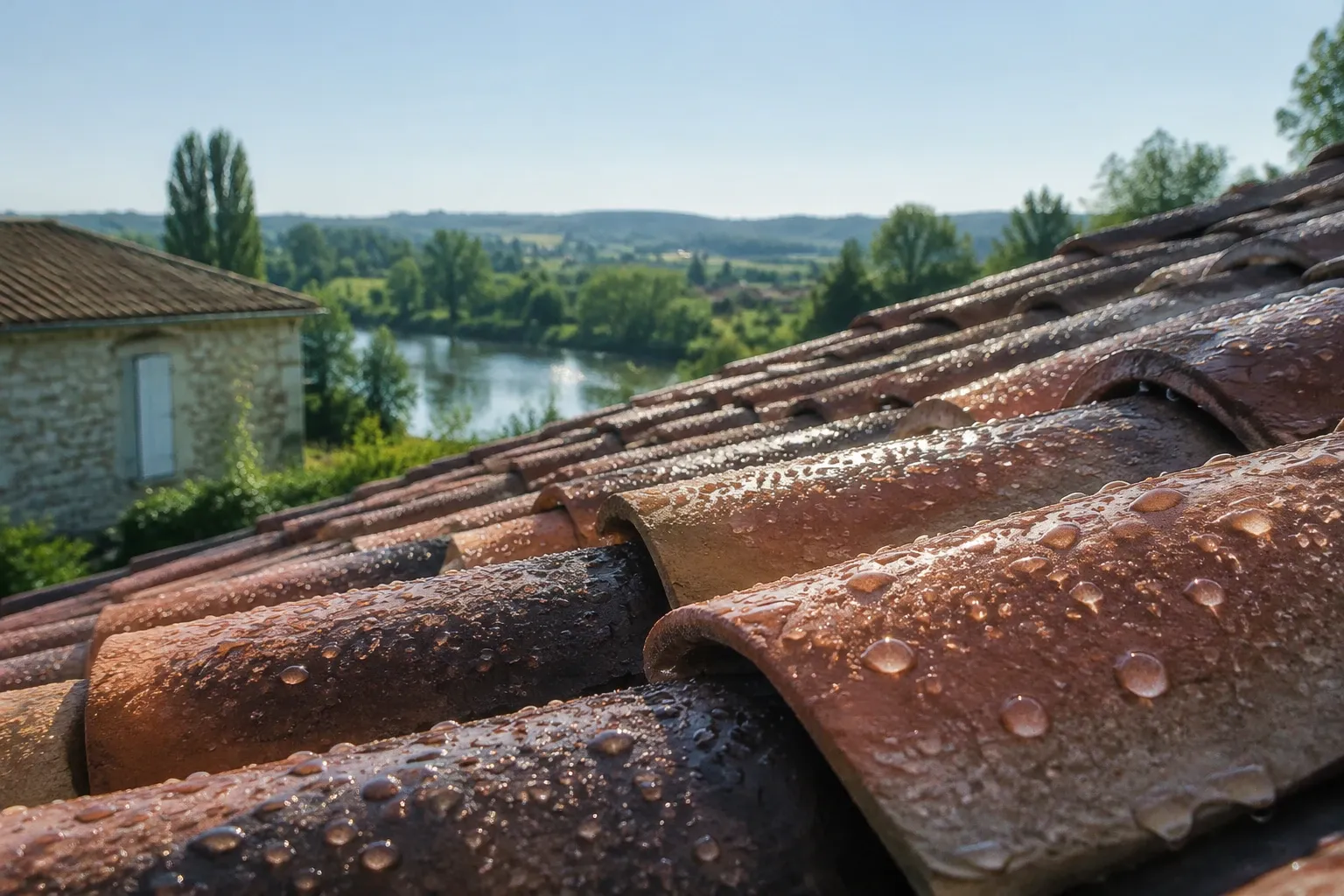 Tuiles de toit en terre cuite perlétes d'eau signe d'hydrofuge efficace, paysage rural