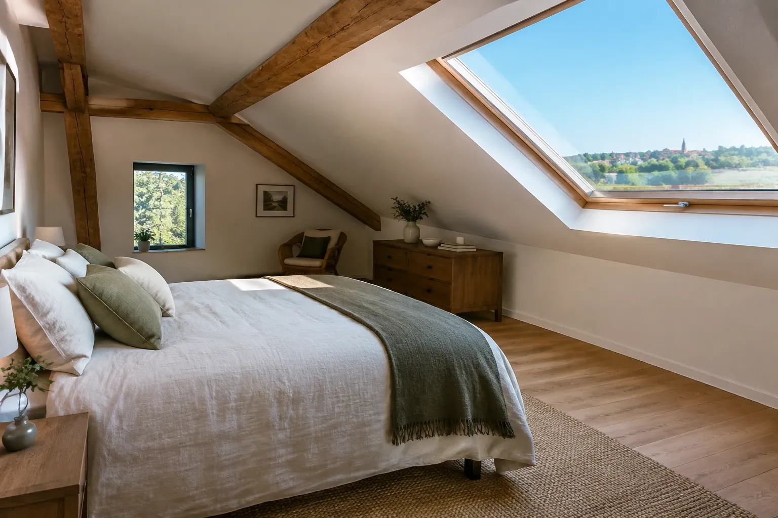 Chambre mansardée lumineuse avec velux, poutres apparentes et lit double soigné
