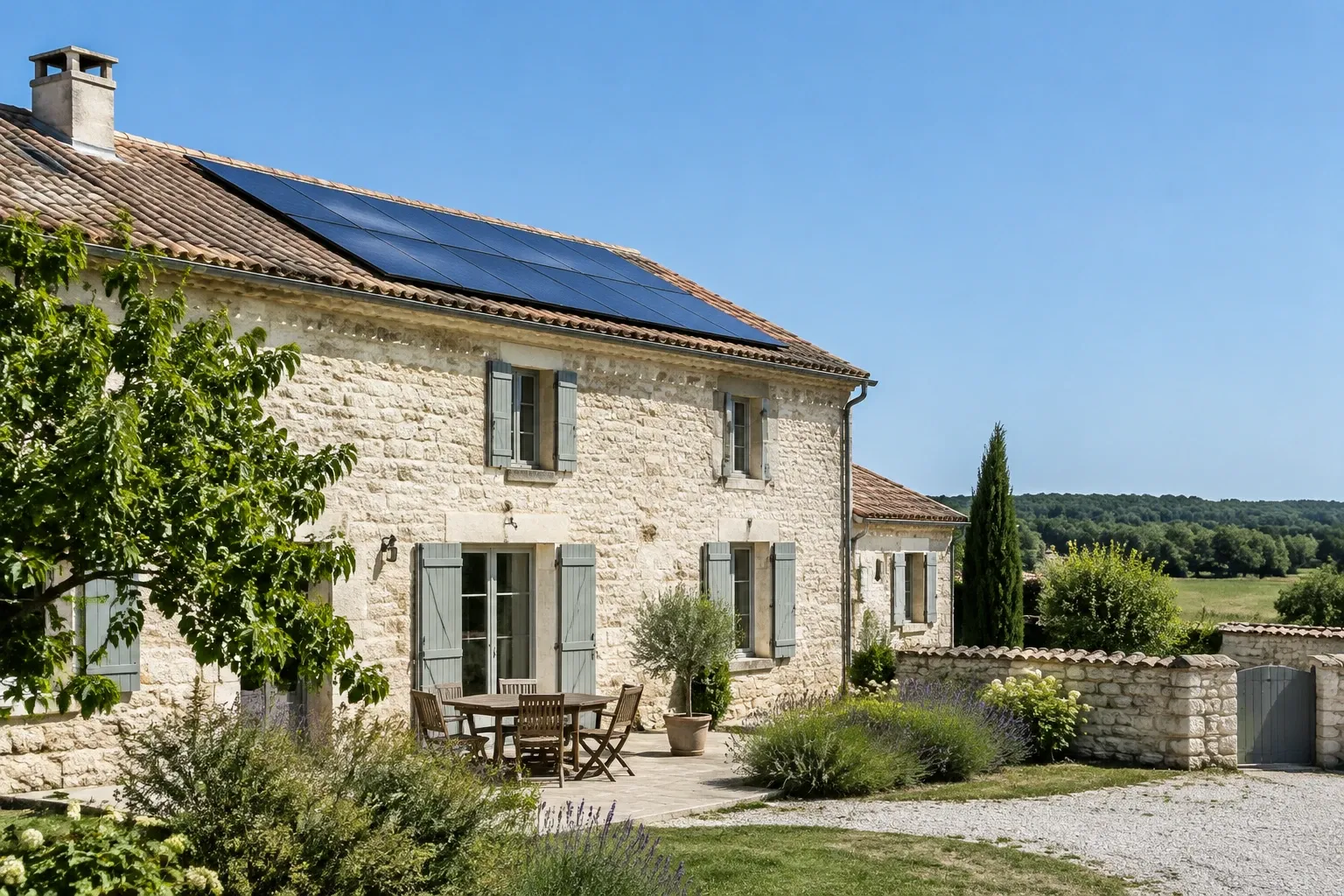 Maison en pierre avec panneaux solaires sur toit, terrasse et jardin ensoleillés