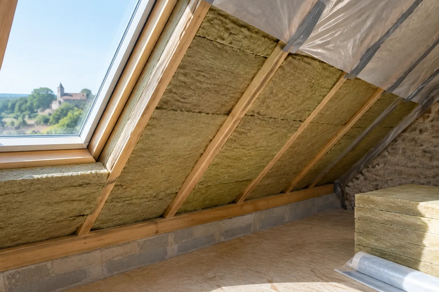 Pose d'isolant en laine minérale entre chevrons sous rampant de toit avec velux