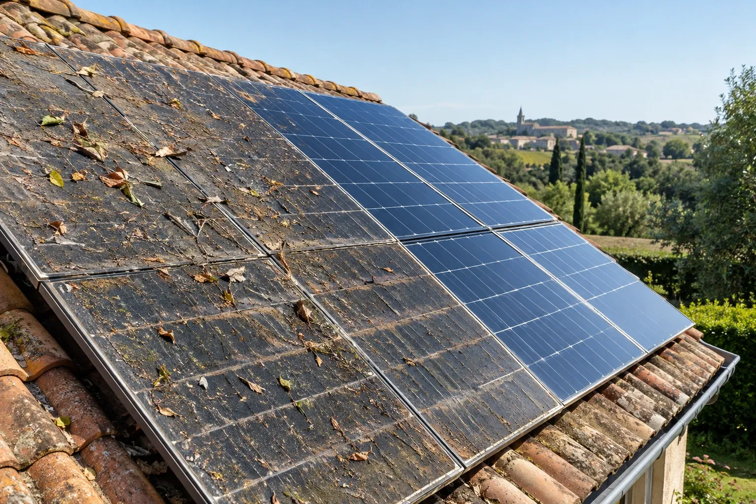 Panneaux solaires sur toit partiellement couverts de saletés et feuilles, campagne en arrière-plan