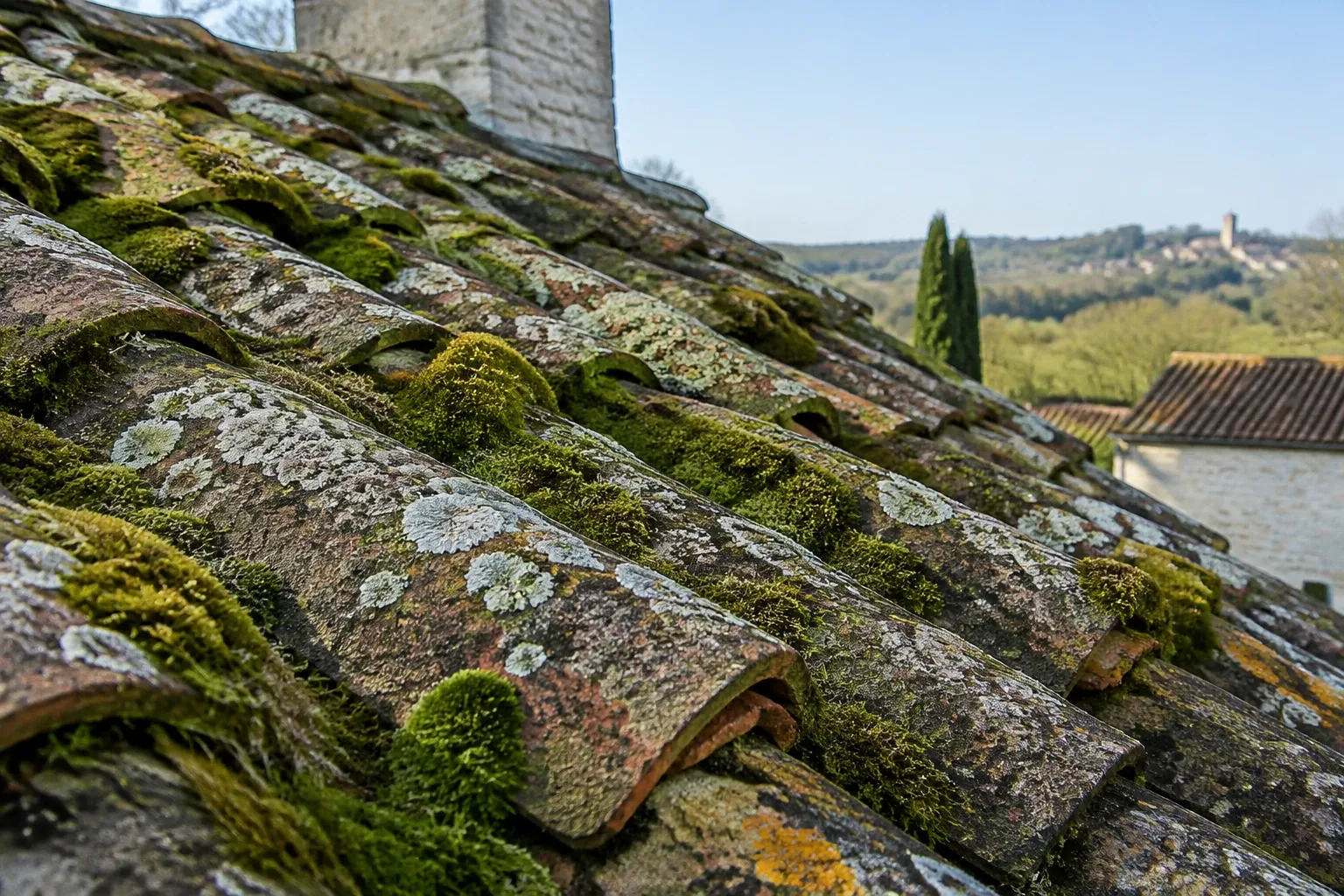 Tuiles de toit recouvertes de mousse et lichens, cheminée et paysage en arrière-plan