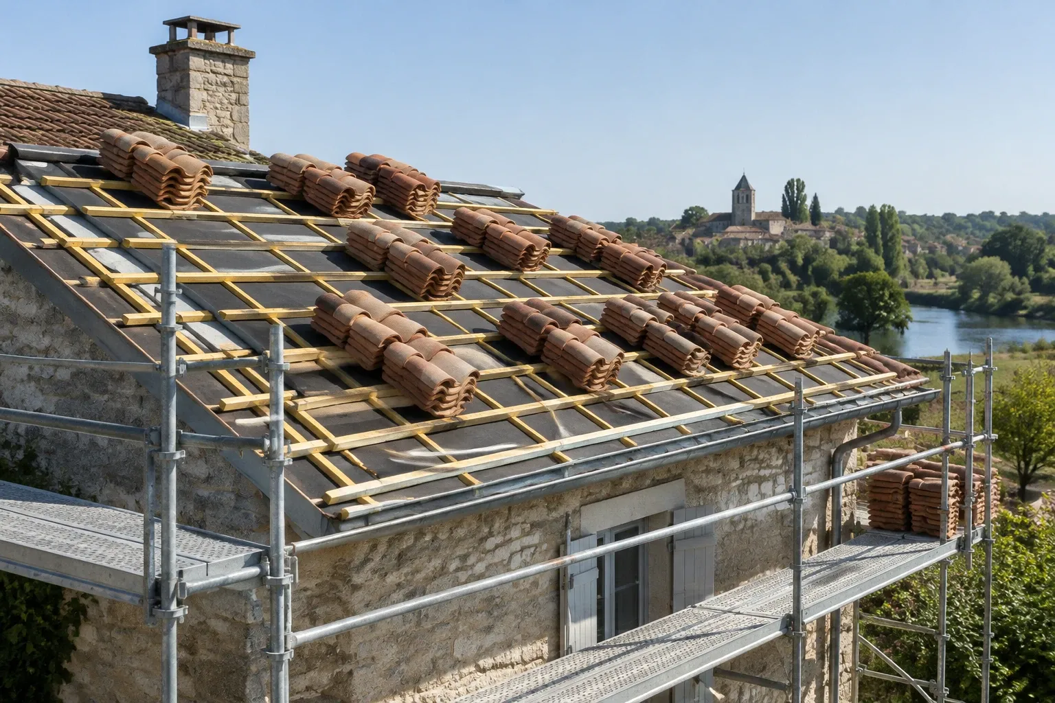 Maison en réfection de toiture avec liteaux posés et tuiles empilées sur l'ouvrage