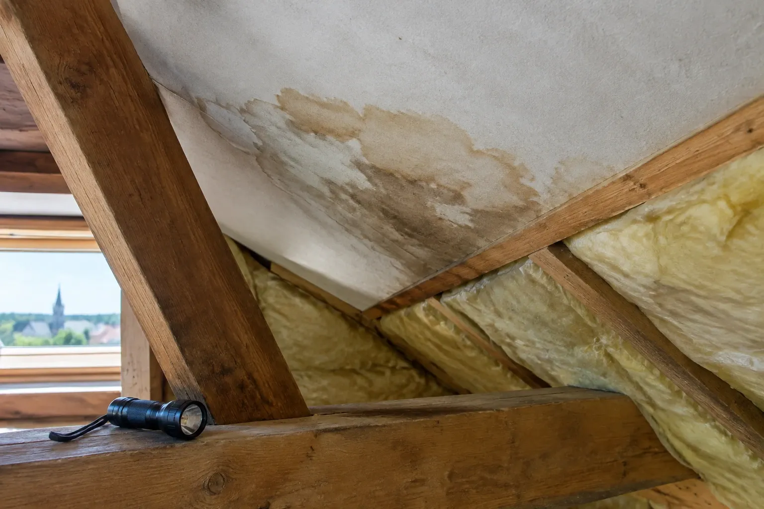 Taches d'humidité au plafond sous combles avec isolant et lampe torche posée