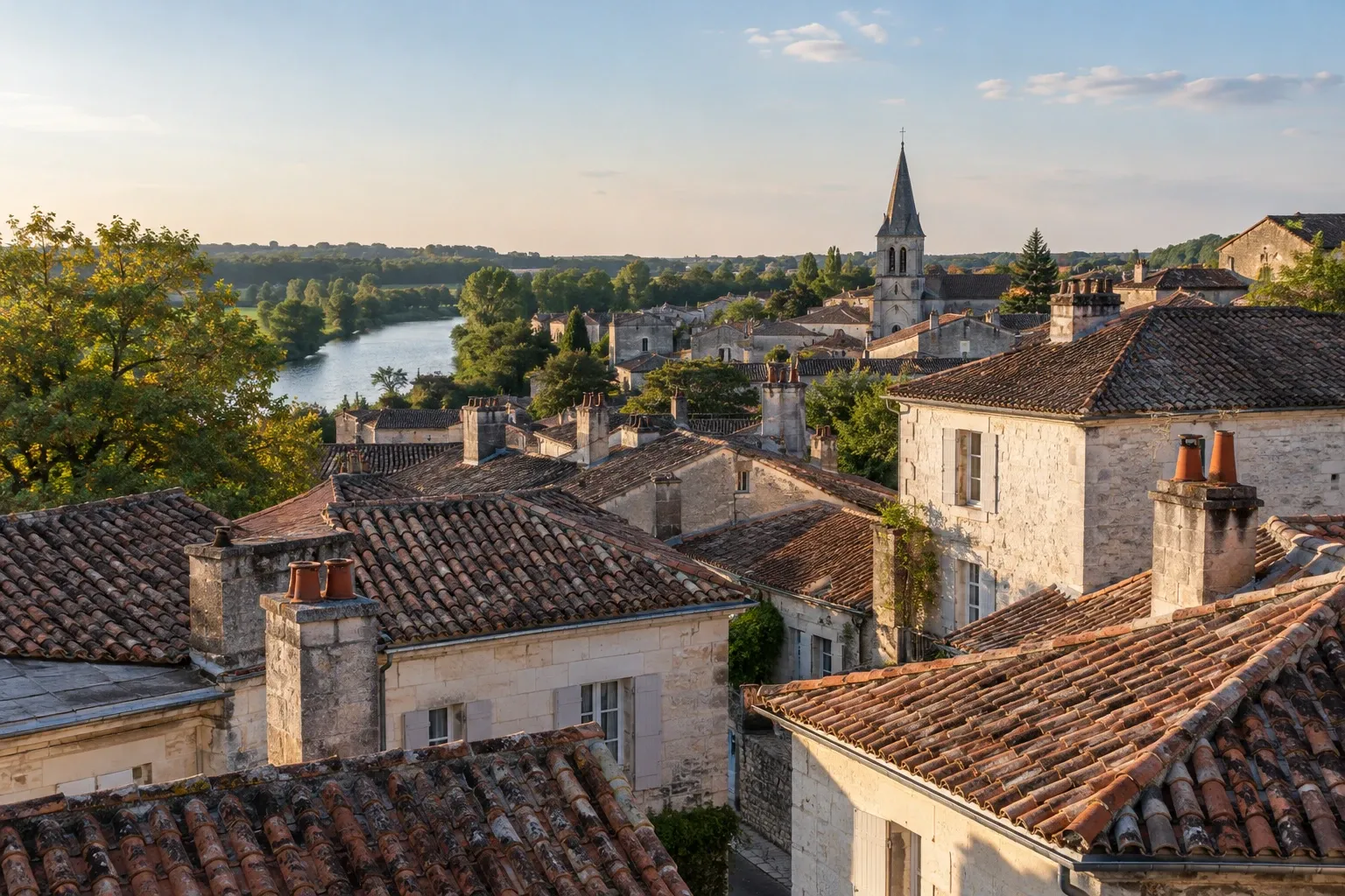 Toits en tuiles anciennes de village près d'une rivière au coucher de soleil