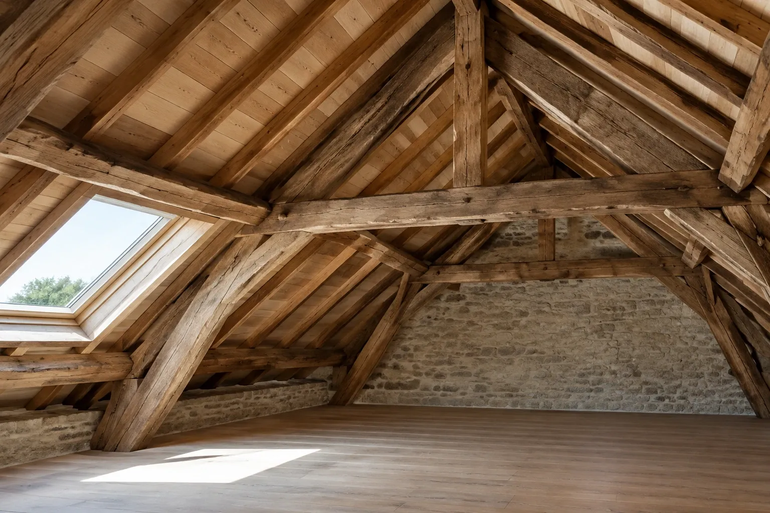 Grande charpente en bois apparent dans comble rénové avec lucarne et mur en pierre